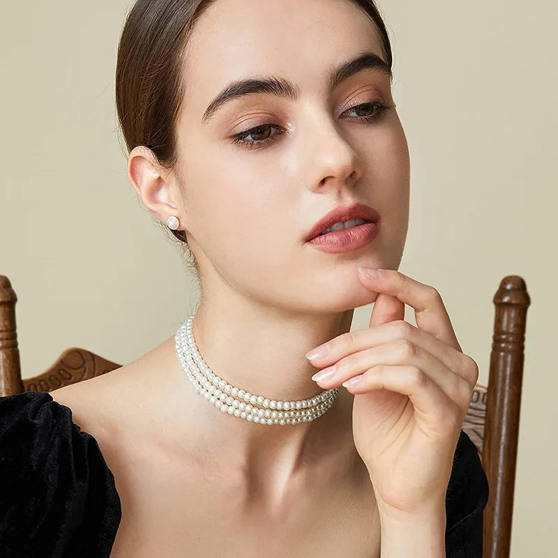 Fashion Multilayer Elegant White Pearl Collar Choker Necklace For Women Beaded Handmade Wedding Banguet Necklace Vintage Jewelry