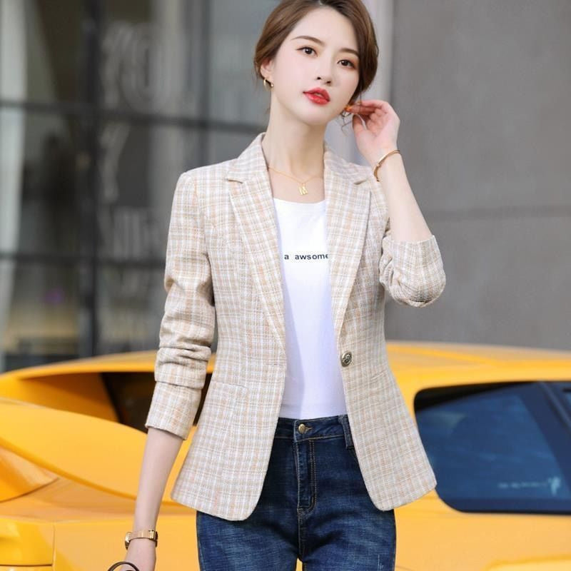 Blazer for Women, Short Length Checkered Pattern Casual Suit Coat