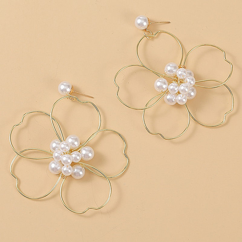 Pearl woven large flower earrings, women's trend, hand wrapped earrings, jewelry