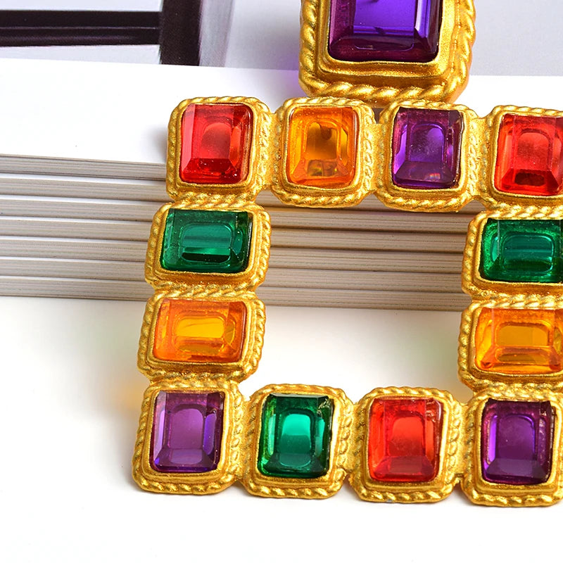 Hot Sell Hanging Gold Color Square Dangle Drop Earrings Colorful Crystal Fashion Rhinestone Jewelry Accessories For Women