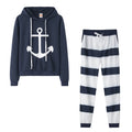 Hooded Drawstring Boat Anchor Printed Long Sleeved Sweater Striped Pants Sports Running Two Piece Set for Women