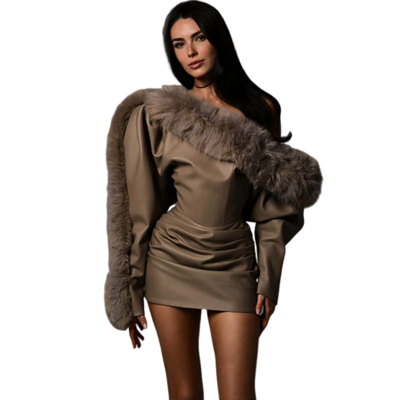 PU leather fringed sexy waist bag and hip dress for women