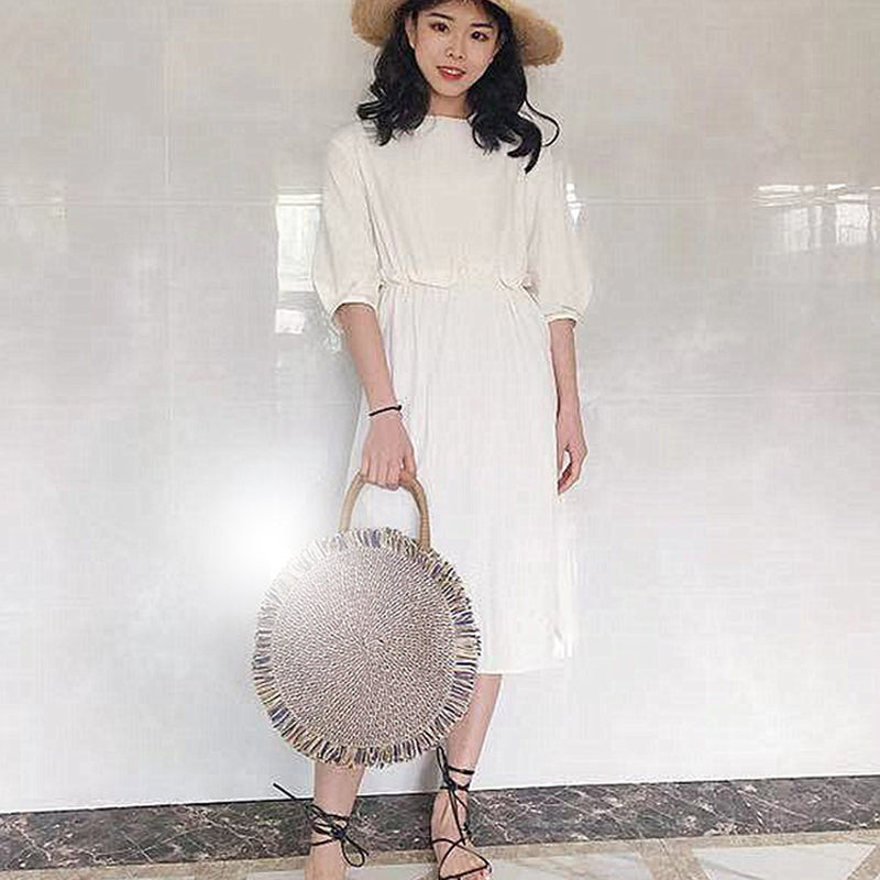 Fashion tassel Handbag Straw bag Women beach woven bag Round Tote fringed Shoulder Travel bag