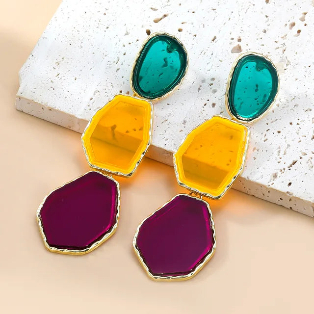 Polygonal Alloy Transparent Resin Colorful Matching Long Drop Earrings for Women Exaggerated Heavy Jewelry Summer