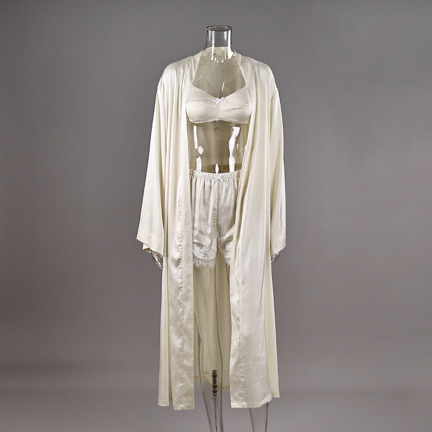 Strapless Short Pants Long Robe Three-Piece Set Ice Silk Sleepwear Women Spring Summer Wearable at Home or Outdoors
