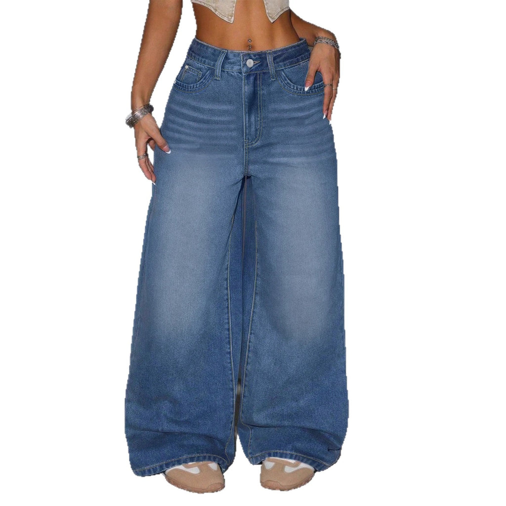 Fashion Blue Straight Leg Jeans Women Casual Loose Long Pants