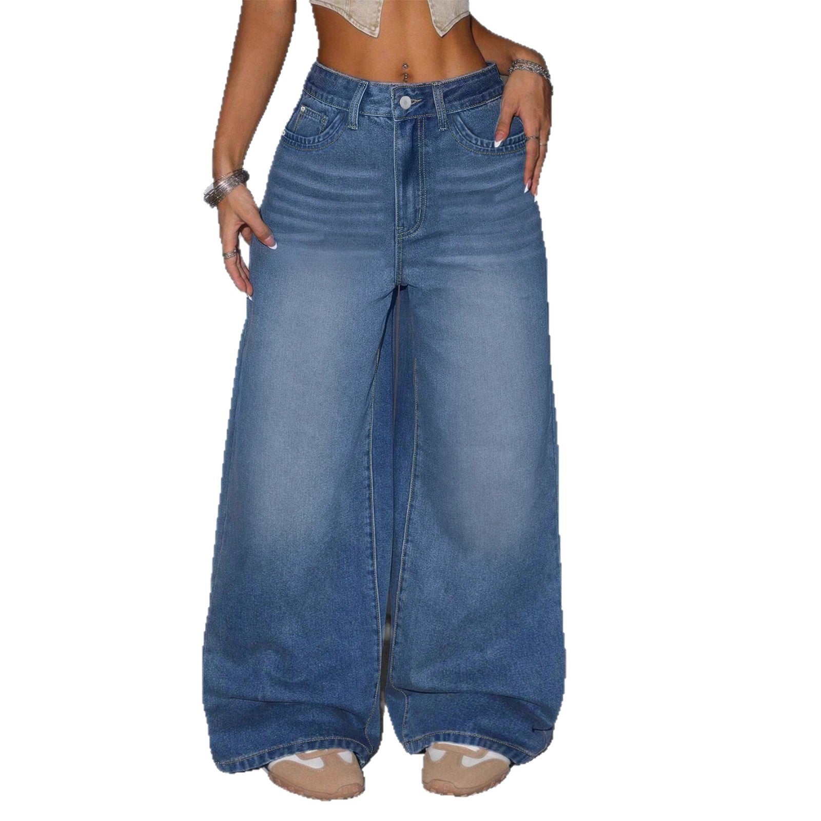Fashion Blue Straight Leg Jeans Women Casual Loose Long Pants