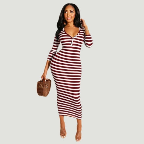 Robe moulante mi-longue rayée sexy Femme automne hiver