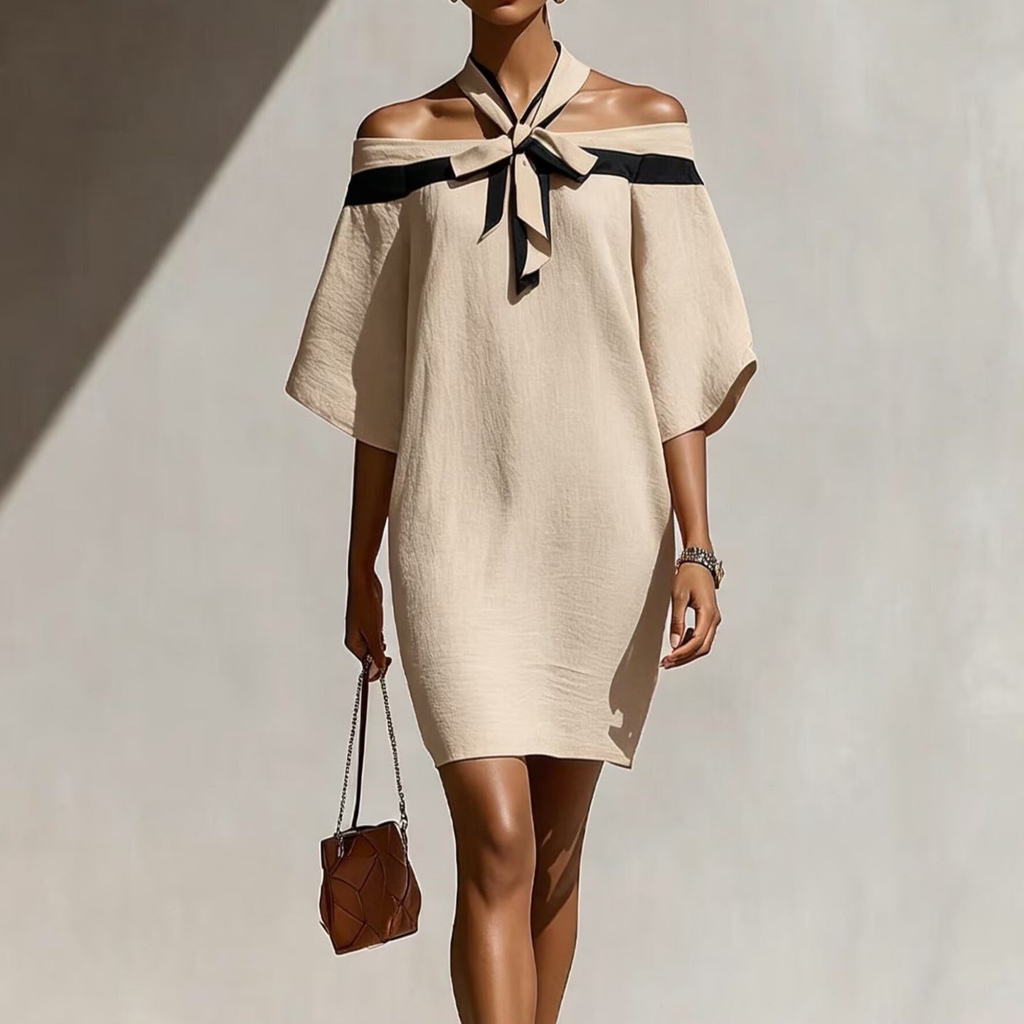 One shoulder bow collar dress