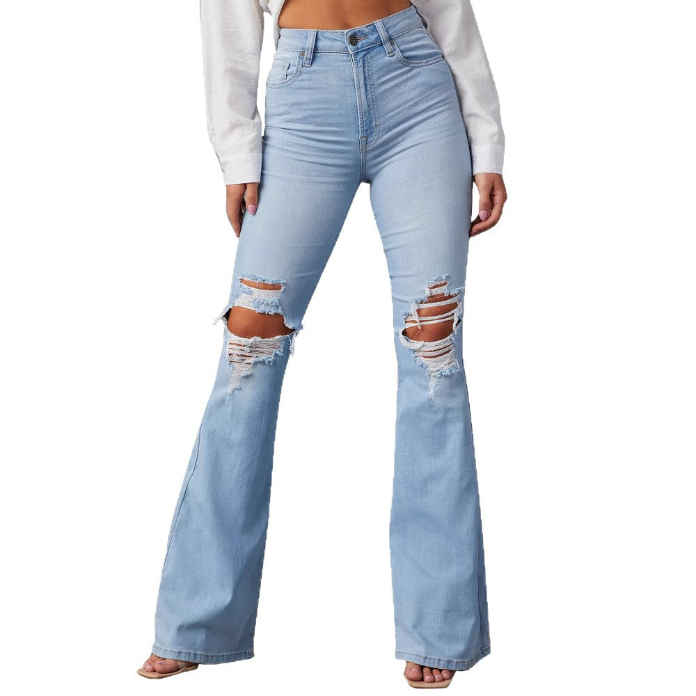 High Waist Ripped Denim Pants Women Streetwear Flare Jeans Long Pants