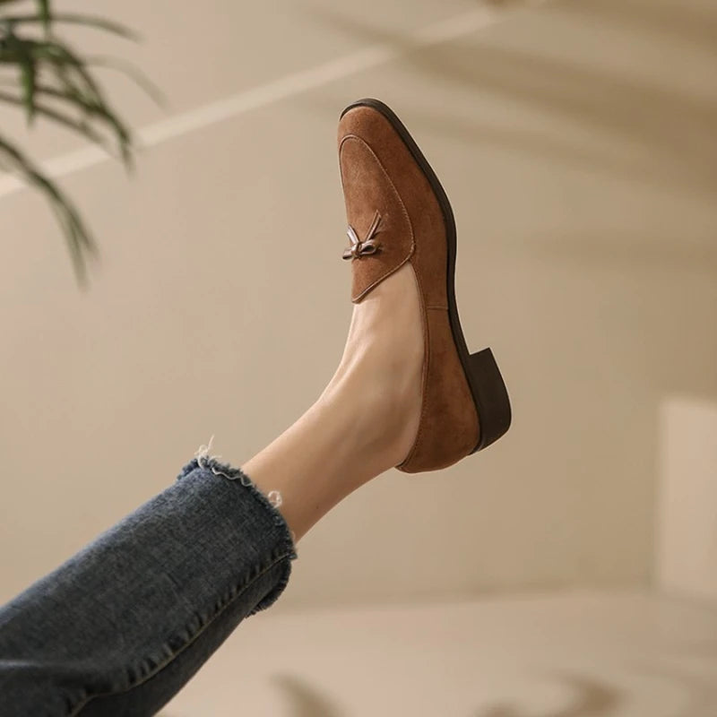 Spring/Autumn Women Loafers Genuine Leather Shoes for Women Round Toe Chunky Heel Shoes Casual Bow-knot Low Heel Women Pumps