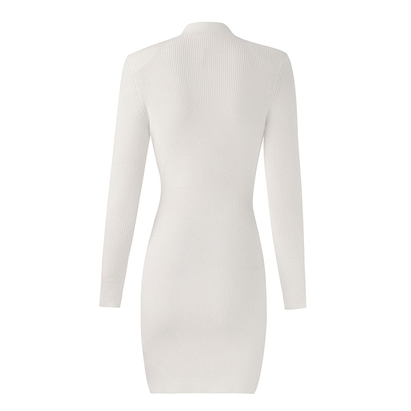Fashion Women White Bodycon Mini Knit Dress Sexy V-neck Long Sleeve Elastic Chain Applique