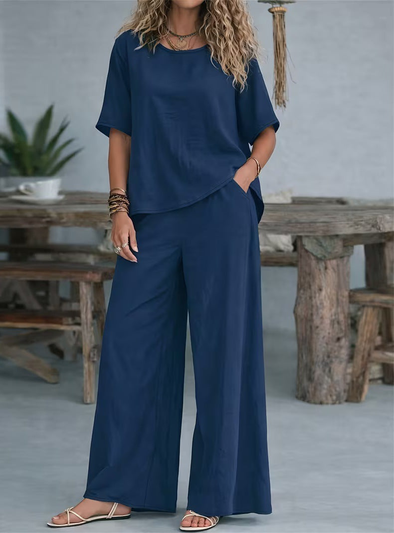 Casual Loose Rich Style Wide-Leg Pants Linen-Cotton Two-Piece Set for Women