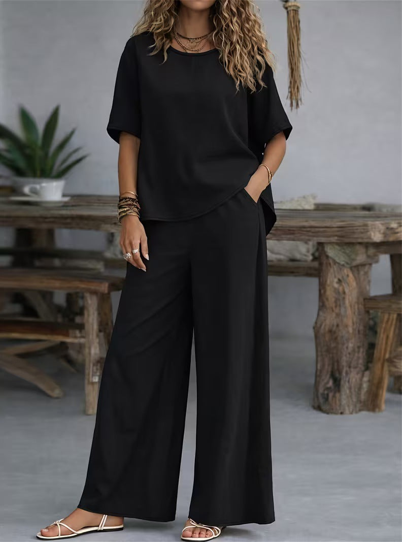 Casual Loose Rich Style Wide-Leg Pants Linen-Cotton Two-Piece Set for Women