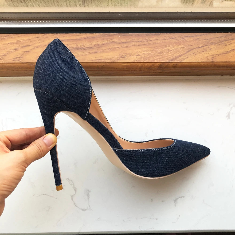 Women Navy Blue Denim Fabric Sexy  Pointy Toe High Heel Shoes Elegant Comfortable Soft Stiletto Pumps Plus
