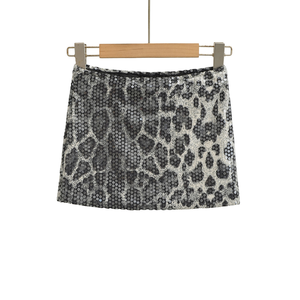 Leopard print sequin wrapped short skirt for women
