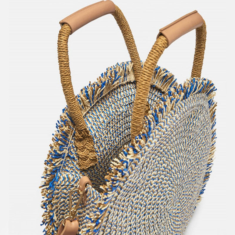 Fashion tassel Handbag Straw bag Women beach woven bag Round Tote fringed Shoulder Travel bag