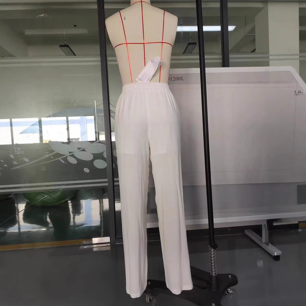 Loose pocket drawstring wide leg pants for women