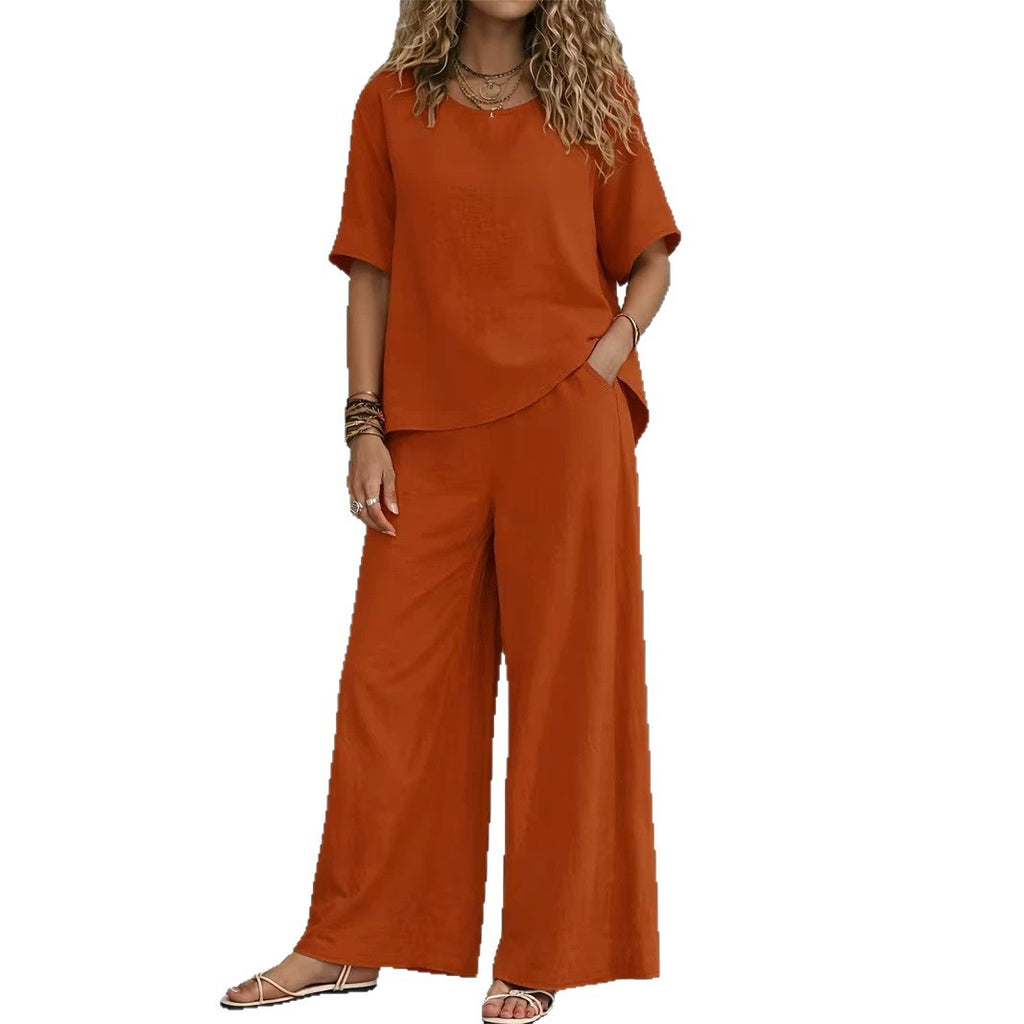 Casual Loose Rich Style Wide-Leg Pants Linen-Cotton Two-Piece Set for Women