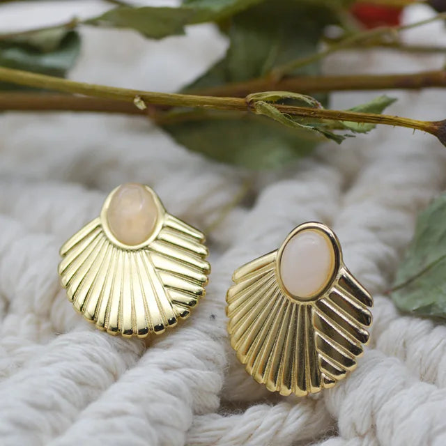 Stud Earrings for Women Girl's Natural Stone Scalloped Natural Stone Texture Earrings Stainless Steel Jewelry