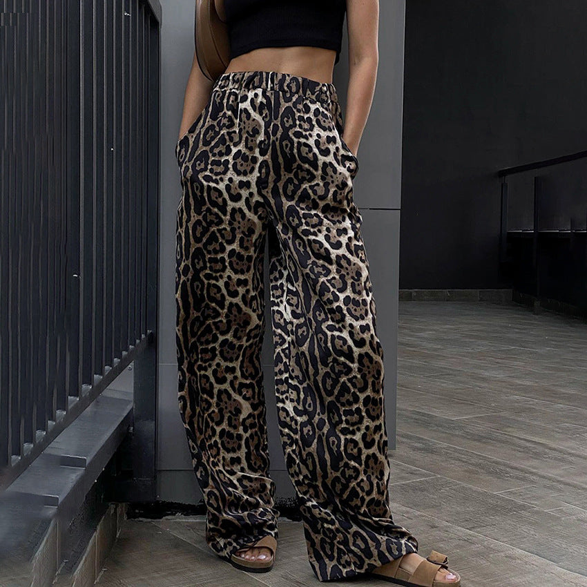 Leopard Print High Waist Wide Leg Pants for Women Loose Floor-Length Casual Long Pants
