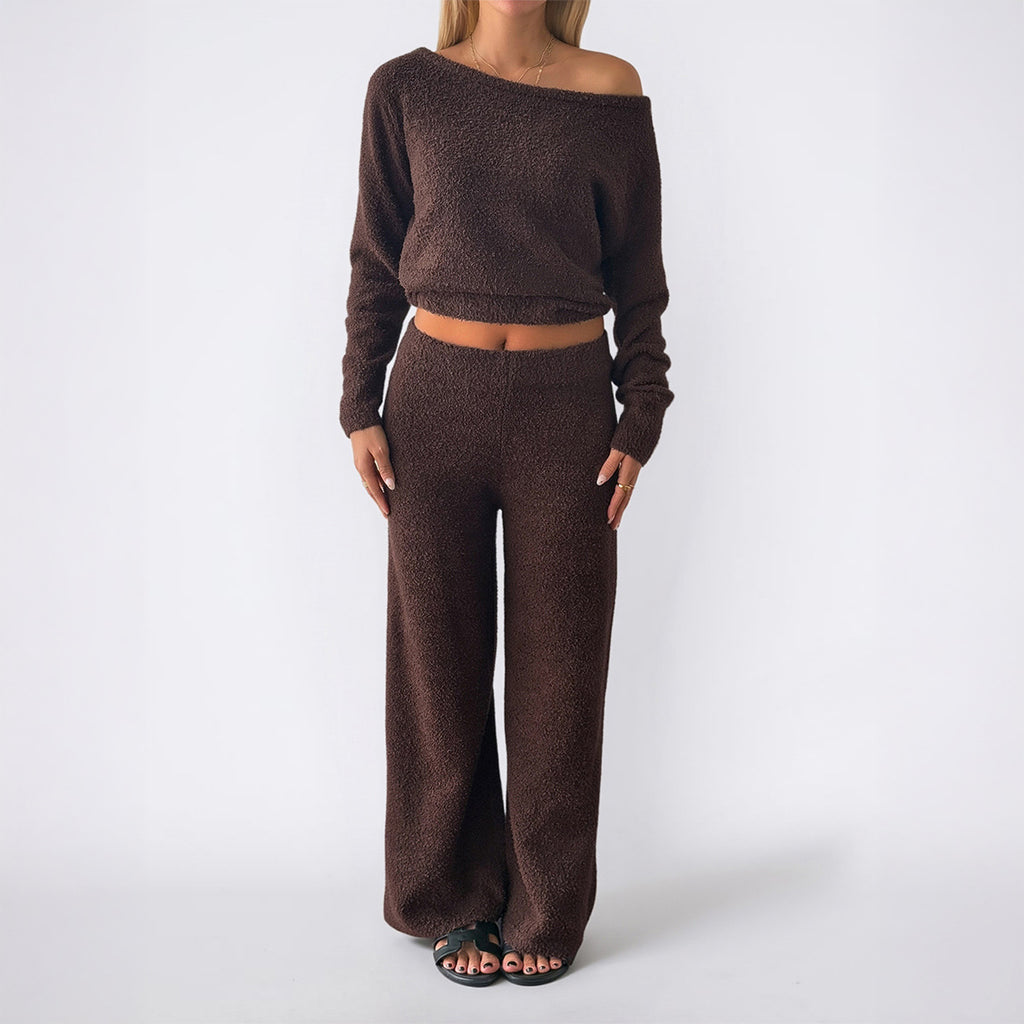 Casual Woolen Diagonal Collar Long Sleeve Pants Set for Women