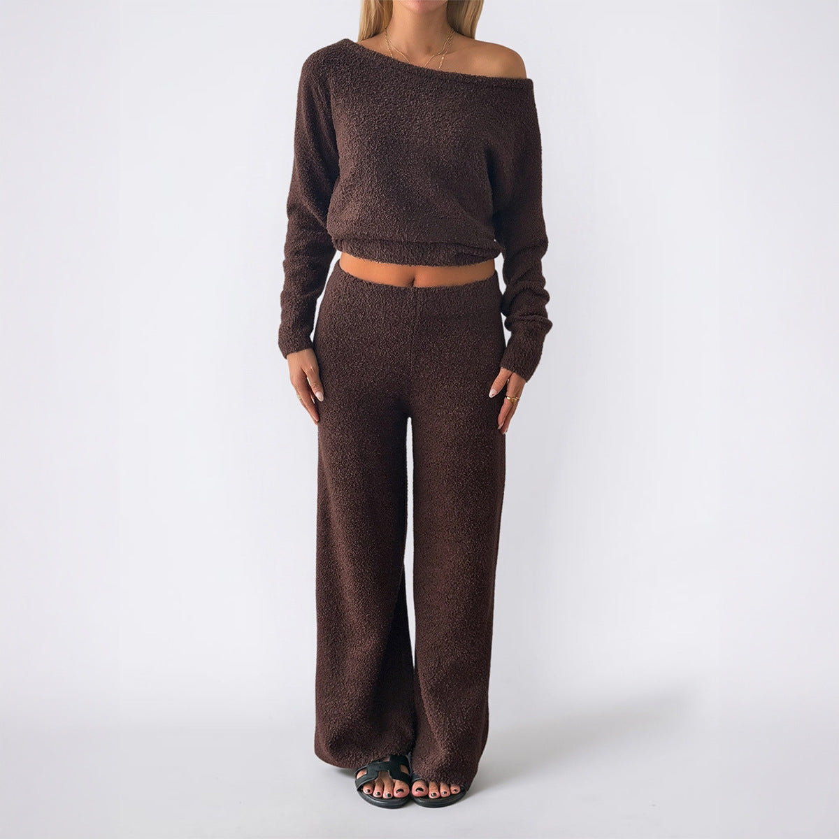 Casual Woolen Diagonal Collar Long Sleeve Pants Set for Women