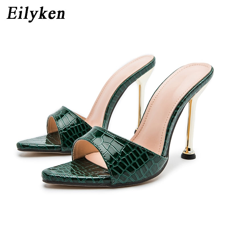 Eilyken Summer New Women Slippers Snake Print Mule High Heels Shoes Sandals Sexy Pointed Toe Metal Heel Slides Party Dress Shoes