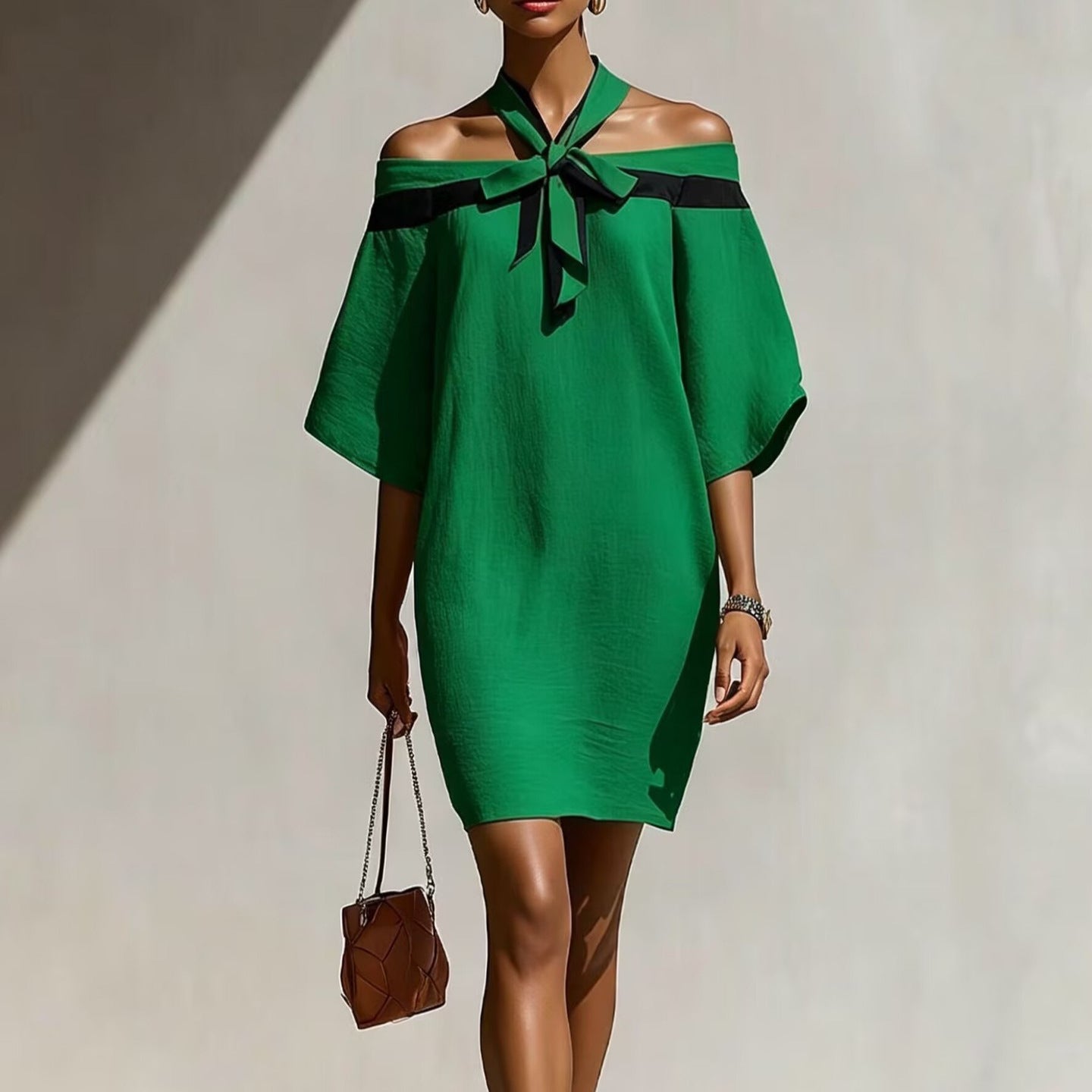 One shoulder bow collar dress