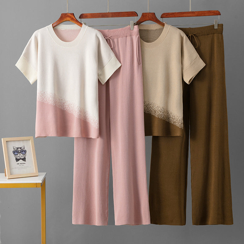Round neck gradient suit top, sporty wide leg pants for women
