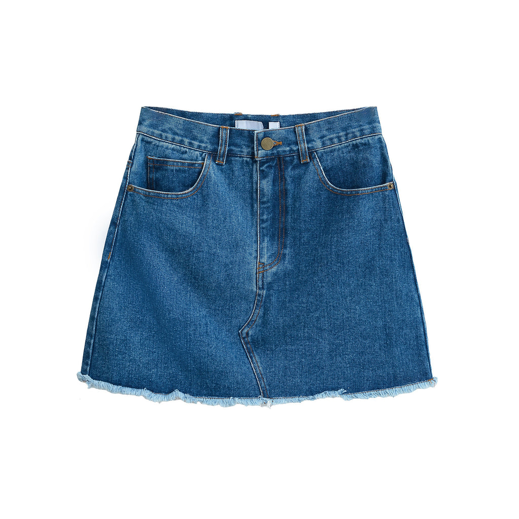 Hairy edge A-line denim skirt half skirt for women
