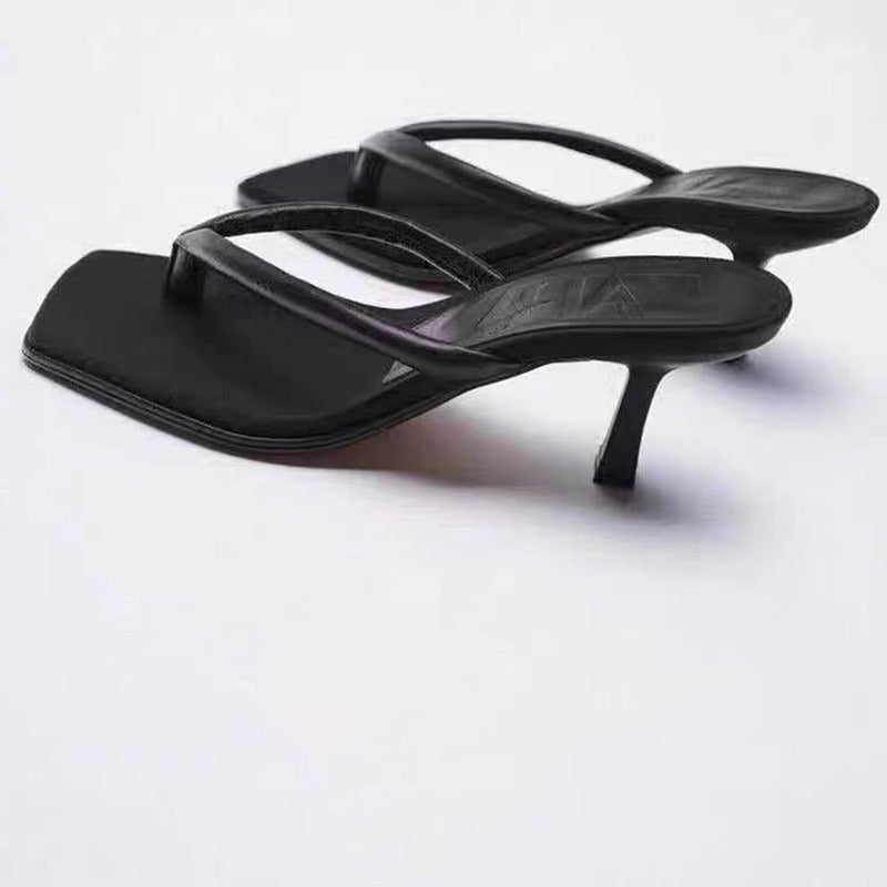 Slender high heels medium heels sandals minimalist black flip toe shoes high heels sandals for women