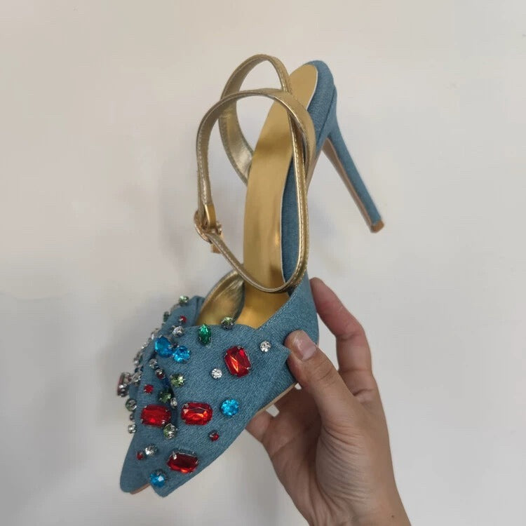 Women Gem-embellished Bow Pump In Denim Sexy Pointed Toe Stiletto Heel Shoes Female Colorful Crystal Buckles Ankle Strap Sandals