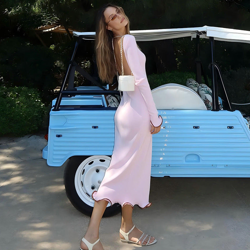 New backless flared sleeves with ruffled hem, knitted long skirt, sexy contrasting long dress for women