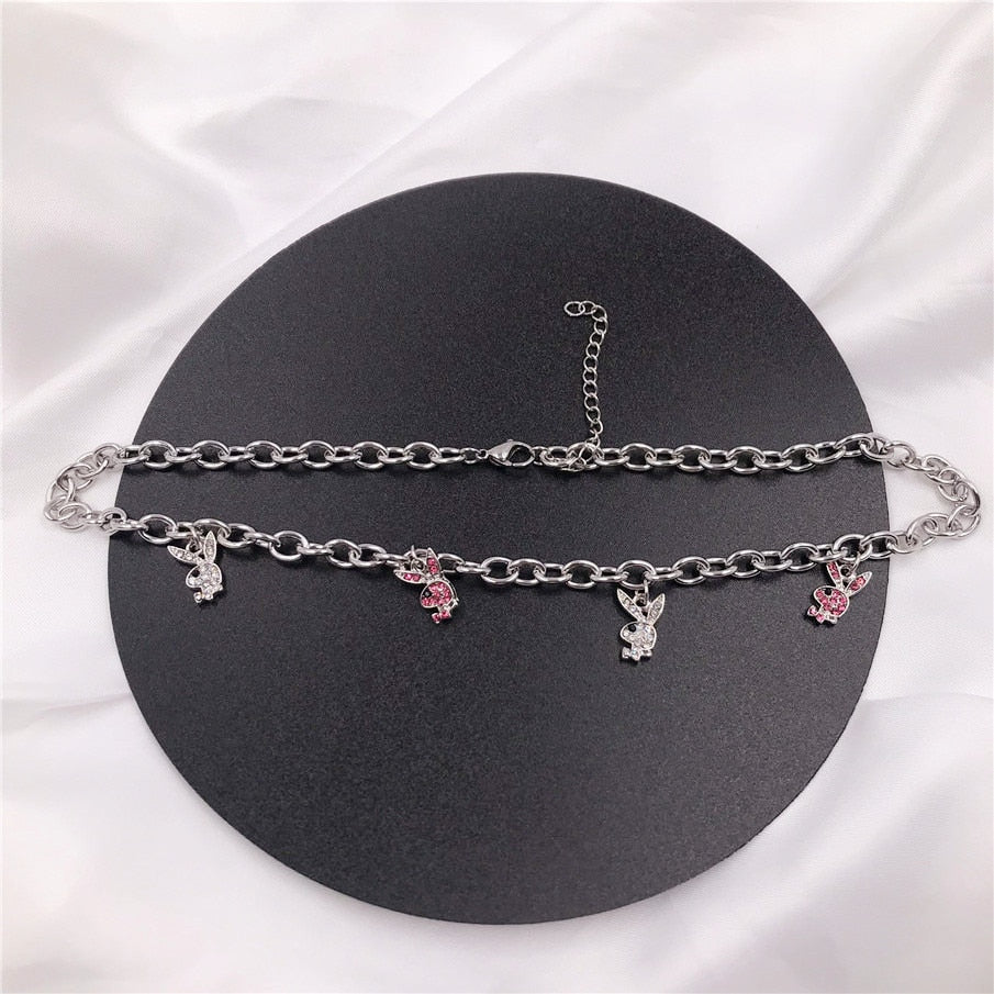 New Ins Hip-hop Stainless Steel Necklaces Twist Clavicle Chain Rhinestone Rabbit Necklace Choker For Women Fashion Jewelry