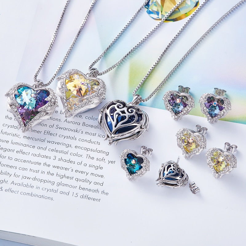 Cdyle Crystals from Swarovski Angel Wings Necklaces Earrings Purple Blue Crystal Heart Pendant Jewelry Set For Women Love Gifts