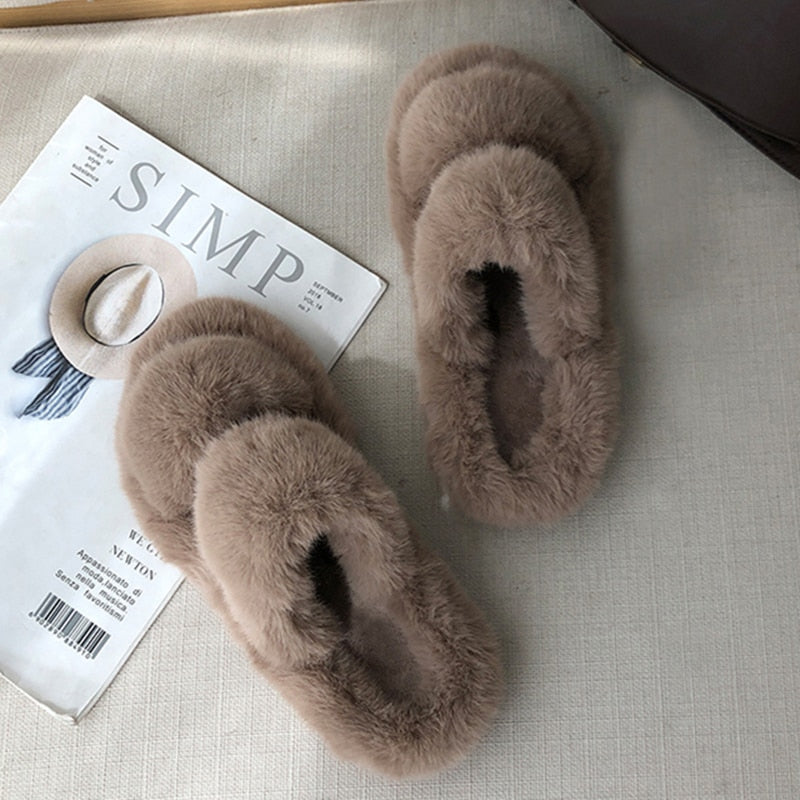 Winter House Women Fur Slippers Fashion Cross Band Warm Plush Ladies Plush Shoes Cozy Open Toe Indoor Fuzzy Slides For Girls