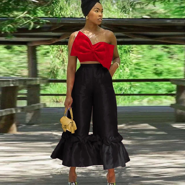 Fashion Women 2 Pcs Set Bow Zipper Sleeveless Strapless Tops High Waist Spliced Pleated Pants Suit Summer Set