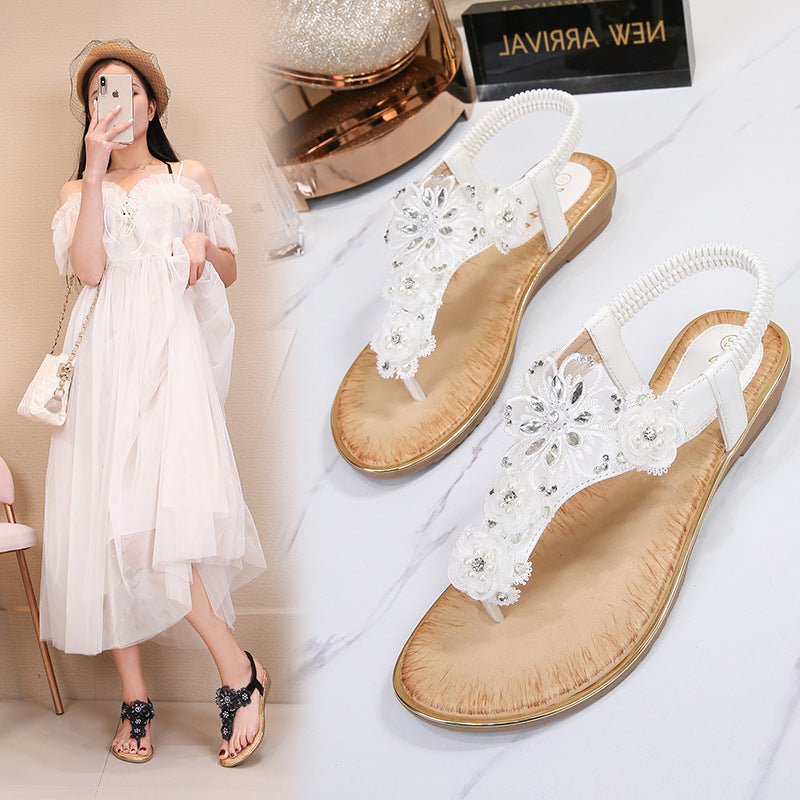 Shoes Women Sandals Women's Clip-On Elastic Strap Open Toe Sandals Flower Trim Flat Sandals