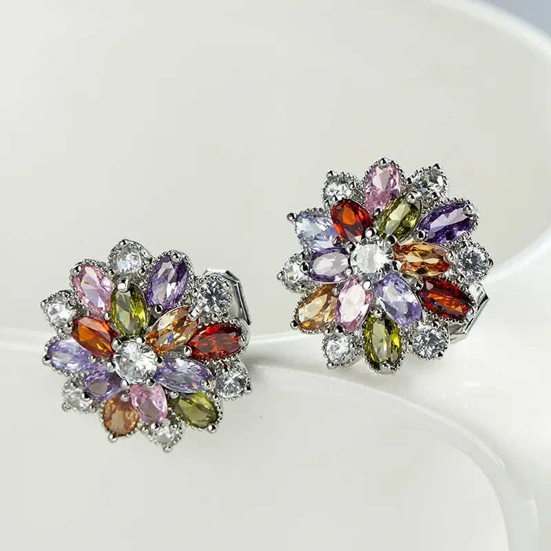Luxury Rainbow Jewelry Colorful Crystal Zircon Earrings for Women Clip Earrings Without Ear Hole
