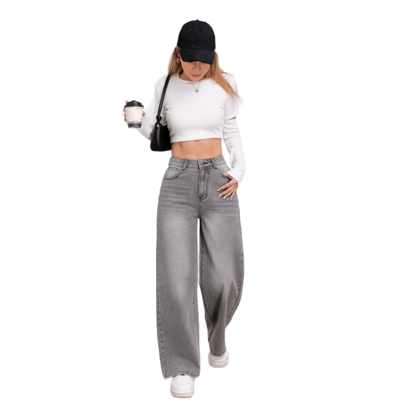 Washed Sky Gray High-Waisted Wide-Leg Denim Pants for Women