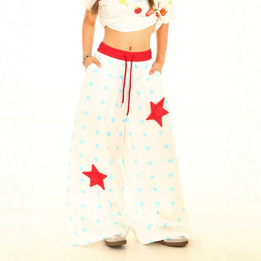Vintage Star Print Casual Pants Women Wide Leg Pants