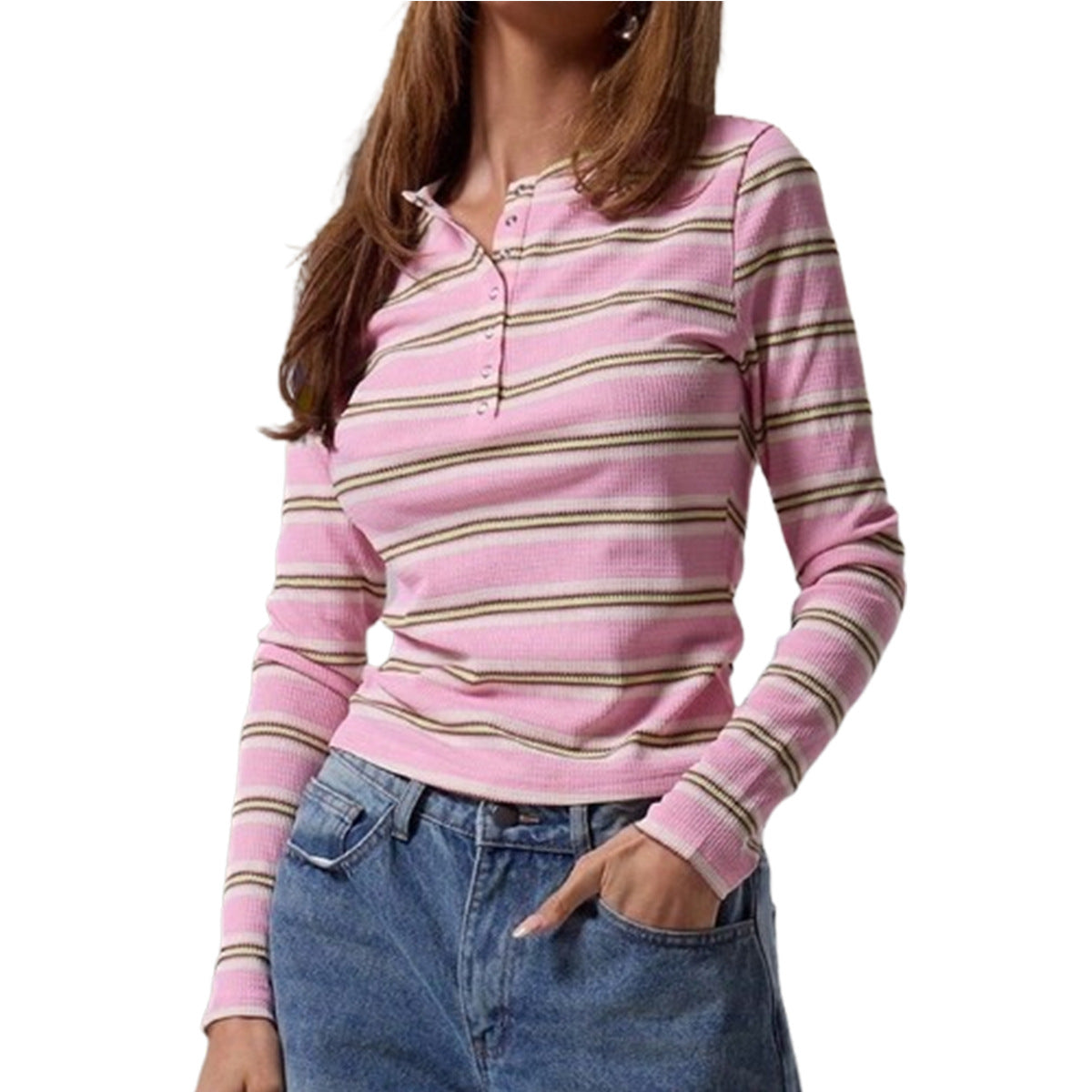 Casual button striped top for women