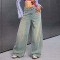 Buttoned Design Vintage Denim Pants Women Loose Straight Leg Wide Leg Floor-Length Pants