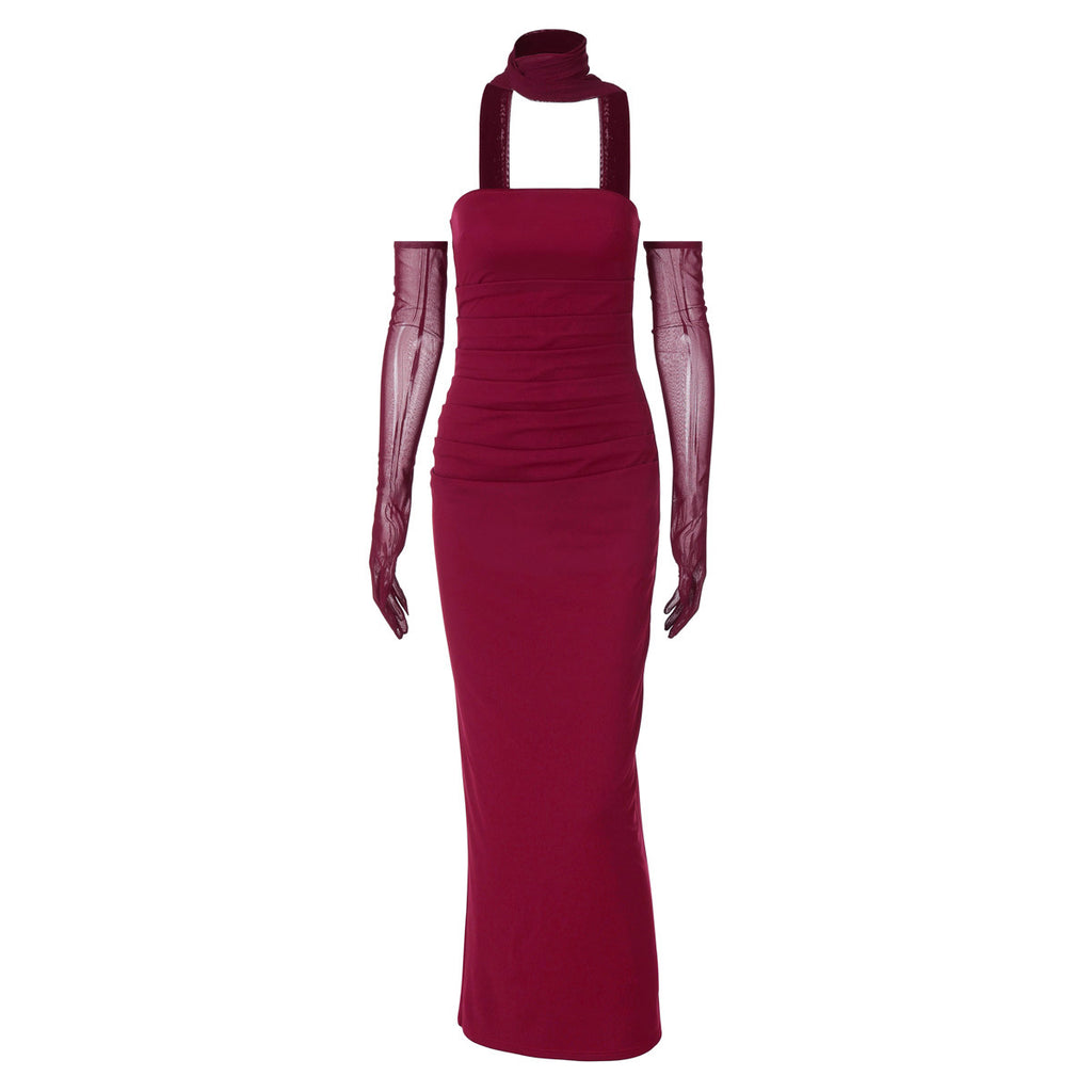 Fashionable and sexy strapless dress with mesh sleeves for women