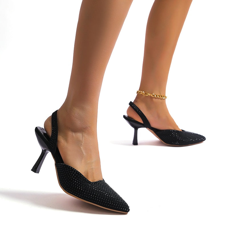 Summer Women Sandal Shoes Thin High Heel Pointed Toe Slingback Sandals Ladies Fashion Bling Cystal Party Dress Shoes