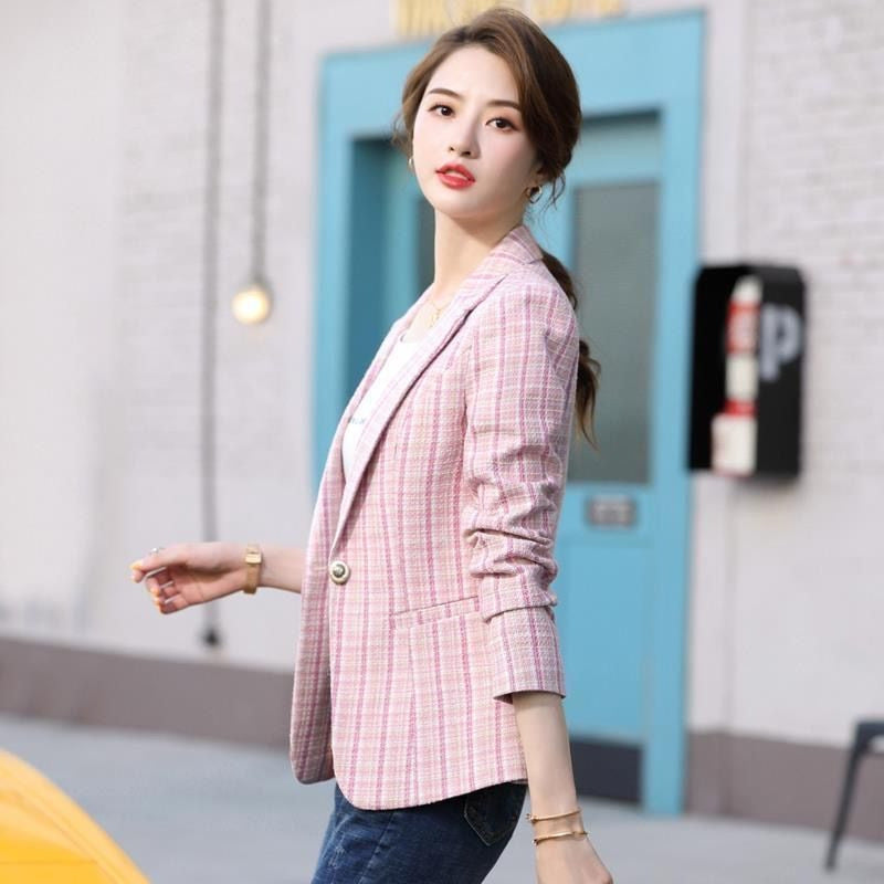 Blazer for Women, Short Length Checkered Pattern Casual Suit Coat