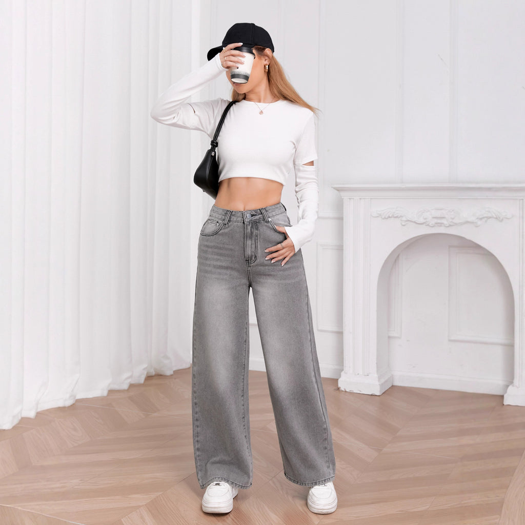 Washed Sky Gray High-Waisted Wide-Leg Denim Pants for Women