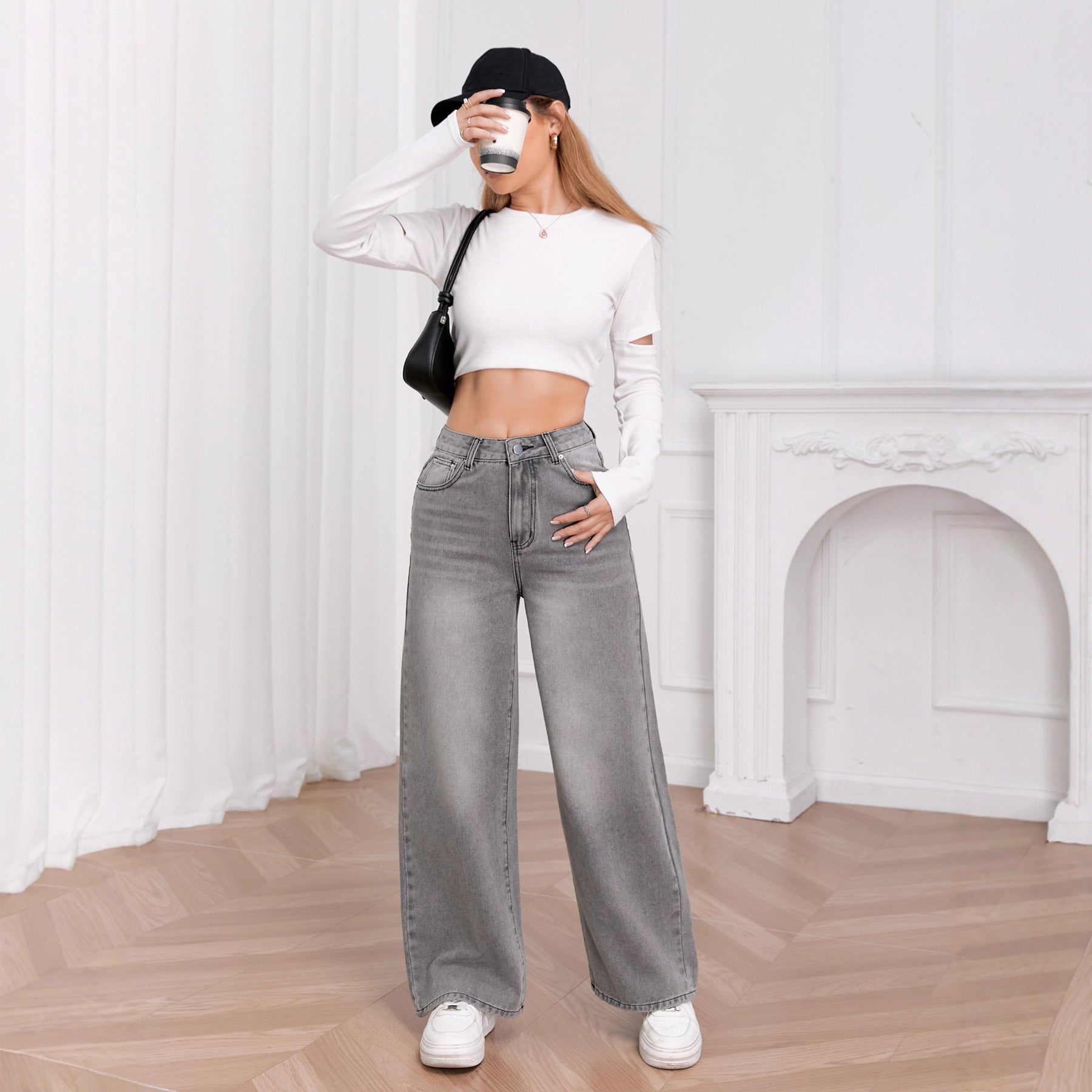 Washed Sky Gray High-Waisted Wide-Leg Denim Pants for Women