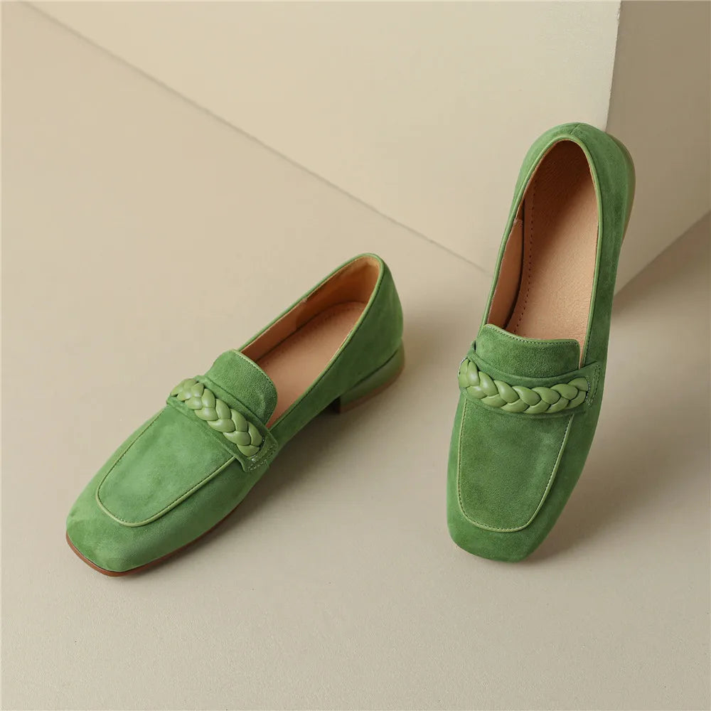 Concise Solid Color Women Soft Kid Suede Flats Slip On Round Toe Casual Street Shoes Handmade For Ladies